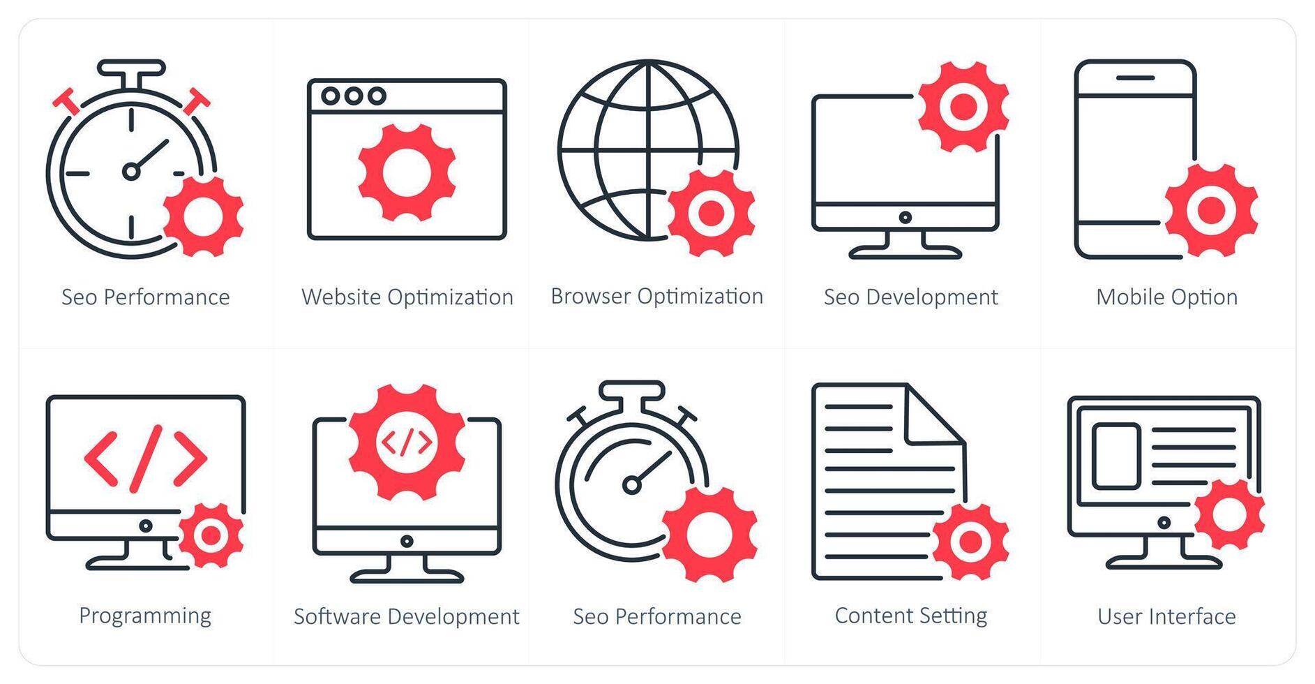 A set of 10 seo icons as seo performance, website optimization, browser optimization vector