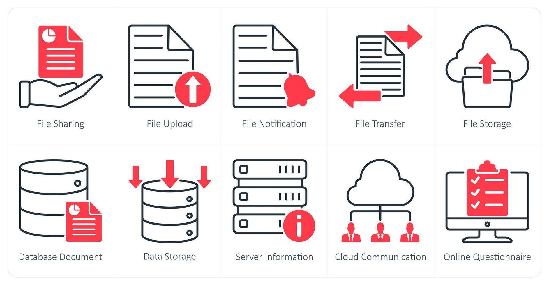 A set of 10 seo icons as file sharing, file upload, file notification vector