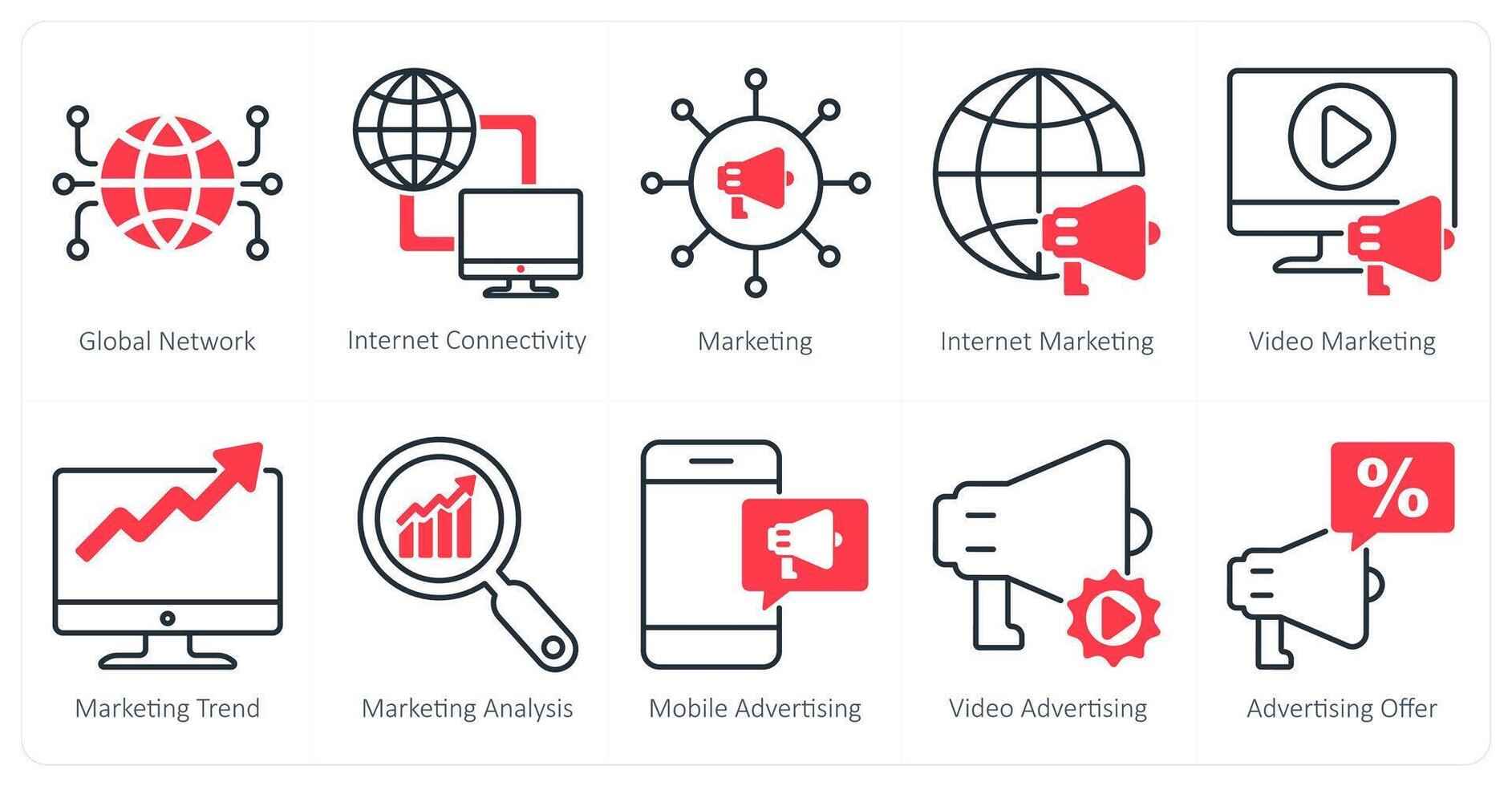 A set of 10 seo icons as global network, internet connectivity, internet marketing vector
