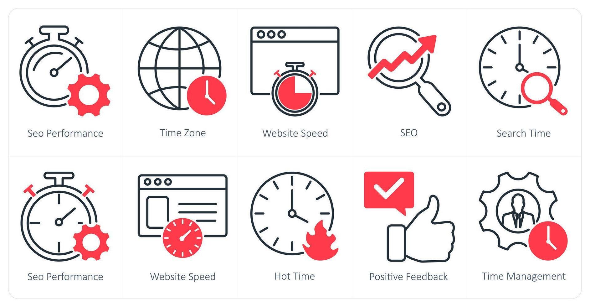 A set of 10 seo icons as seo performance, time zone, website speed vector