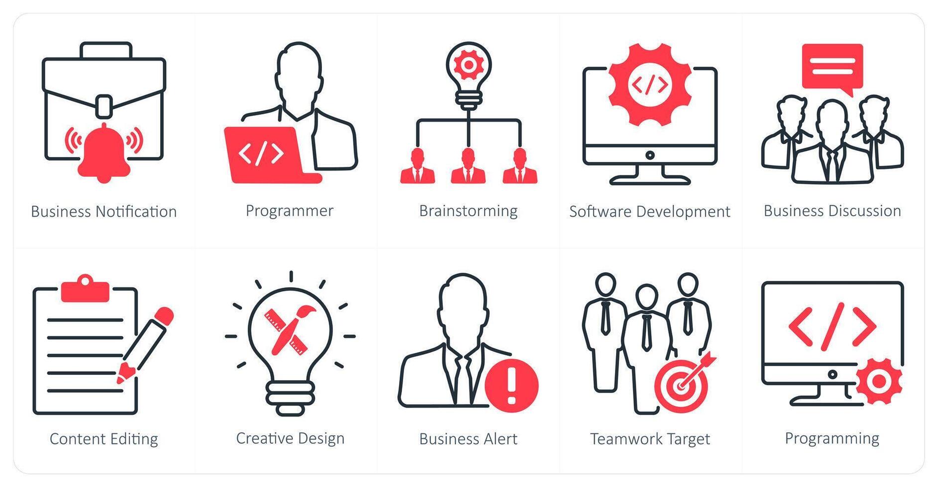 A set of 10 seo icons as business notification, programmer, brainstorming vector
