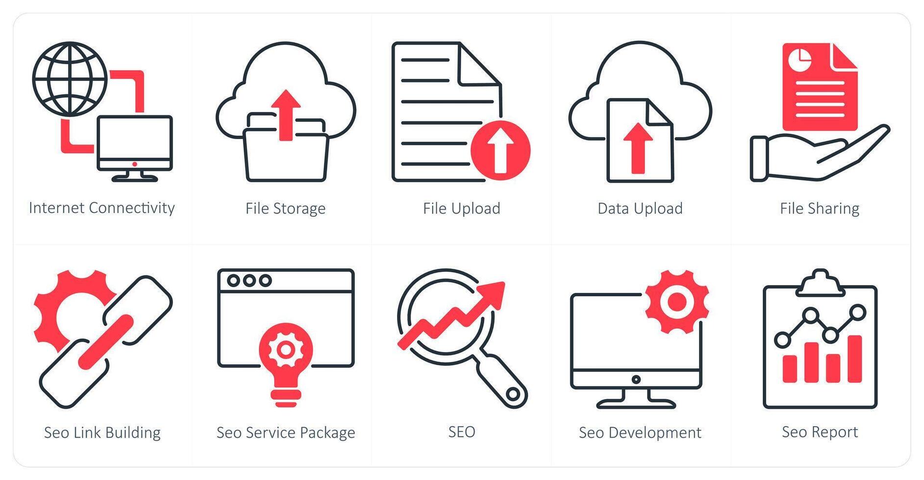 A set of 10 seo icons as internet connectivity, file storage, file upload vector