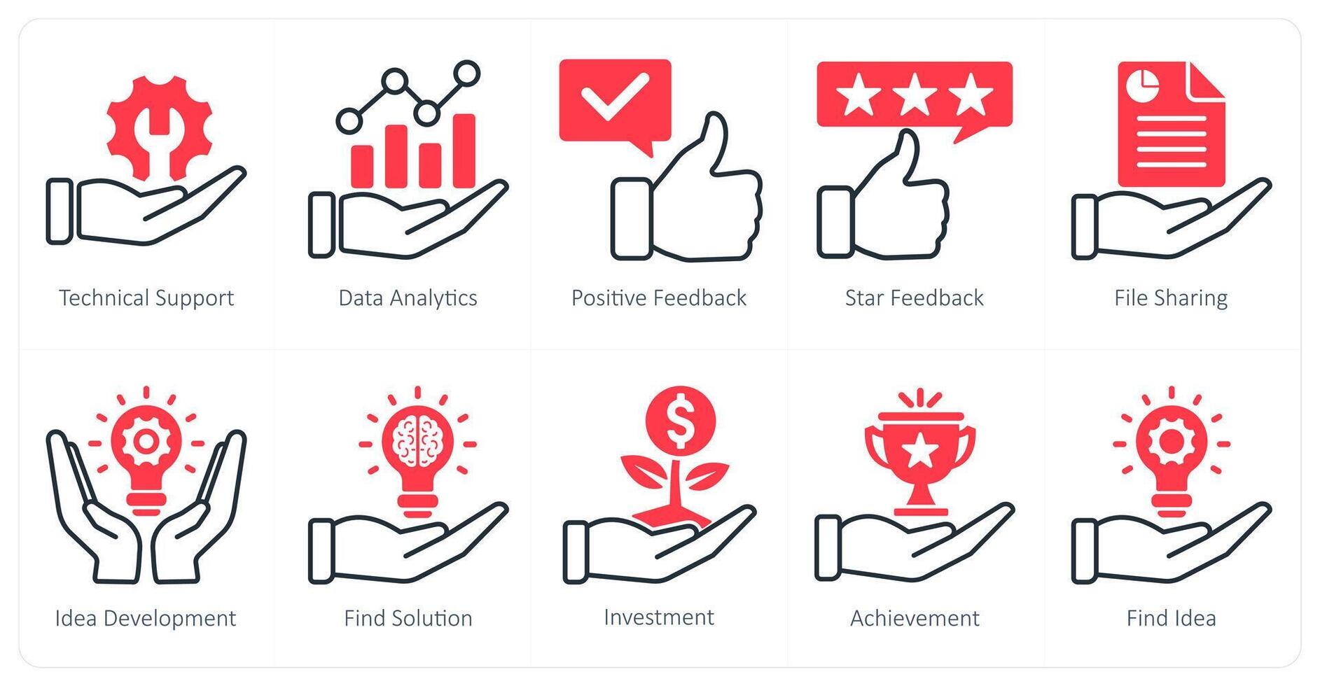 A set of 10 seo icons as technical support, data analytics, positive feedback vector