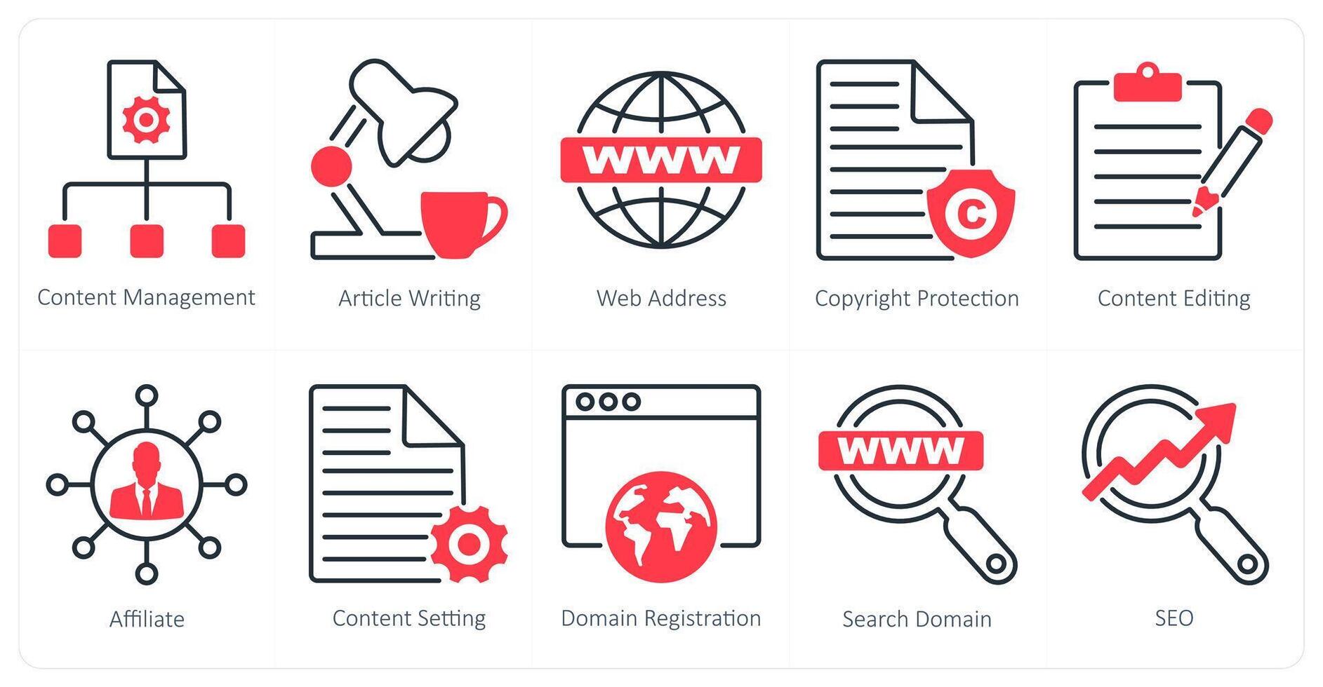 A set of 10 seo icons as content management, article writing, web address vector