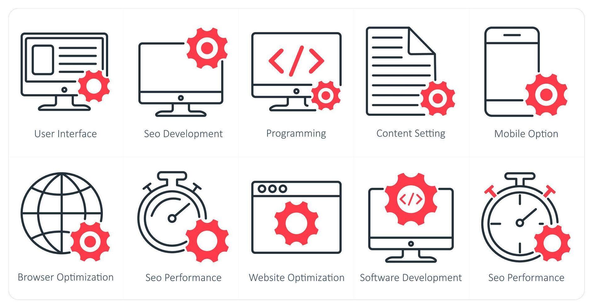 A set of 10 seo icons as user interface, seo development, programming vector