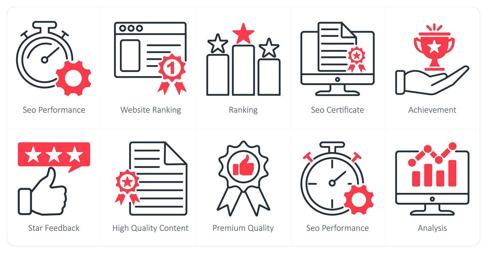 A set of 10 seo icons as seo performance, website ranking, ranking vector