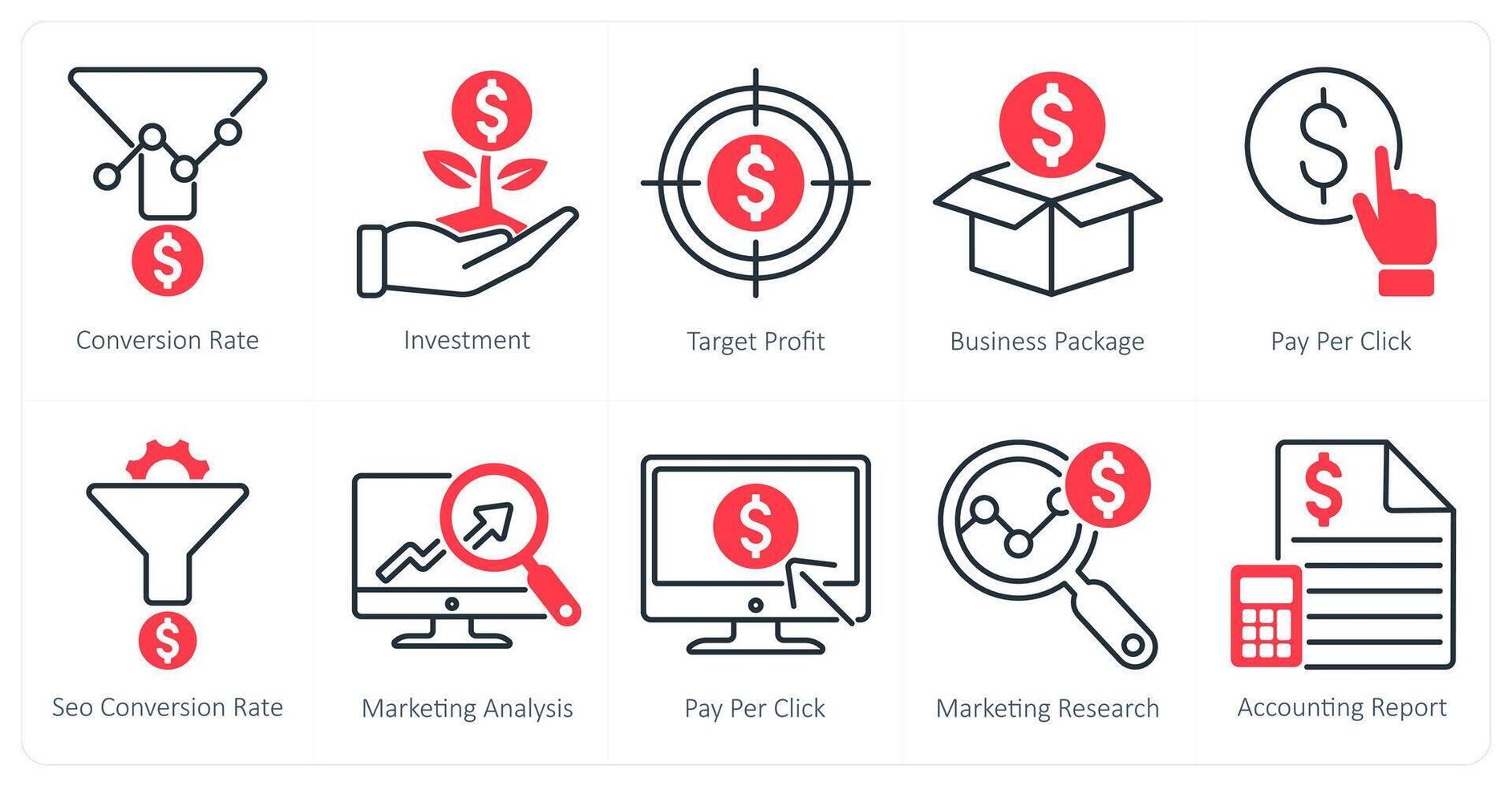 A set of 10 seo icons as conversion rate, investment, target profit vector