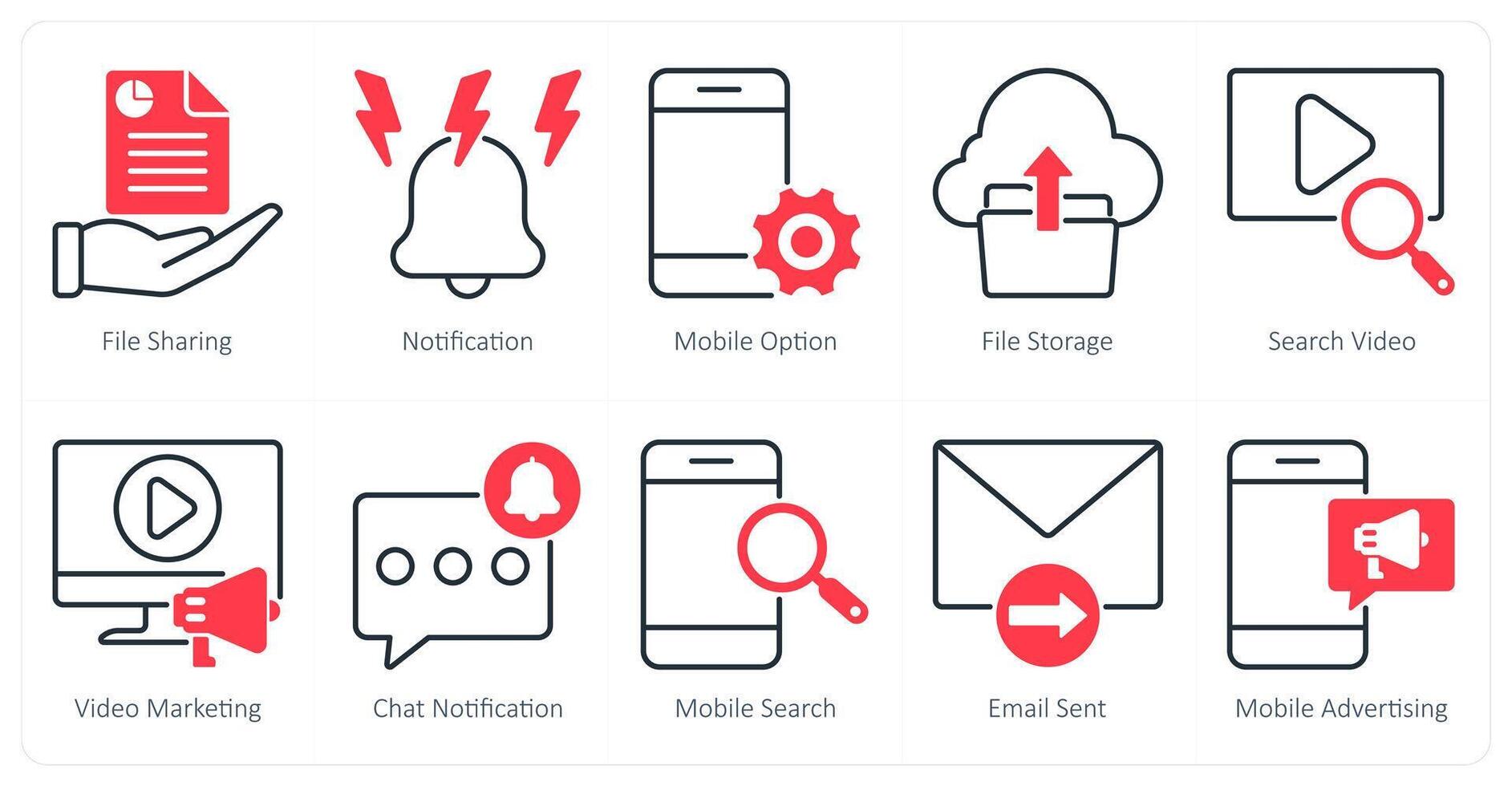 A set of 10 seo icons as file sharing, notification, mobile option vector