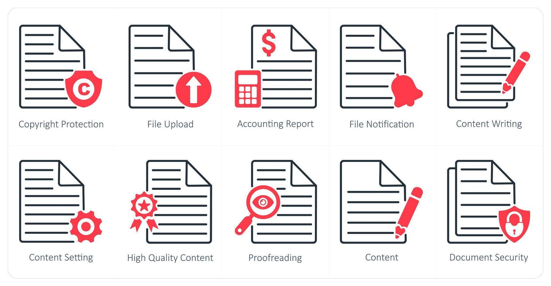 A set of 10 seo icons as copyright protection, file upload, accounting report vector