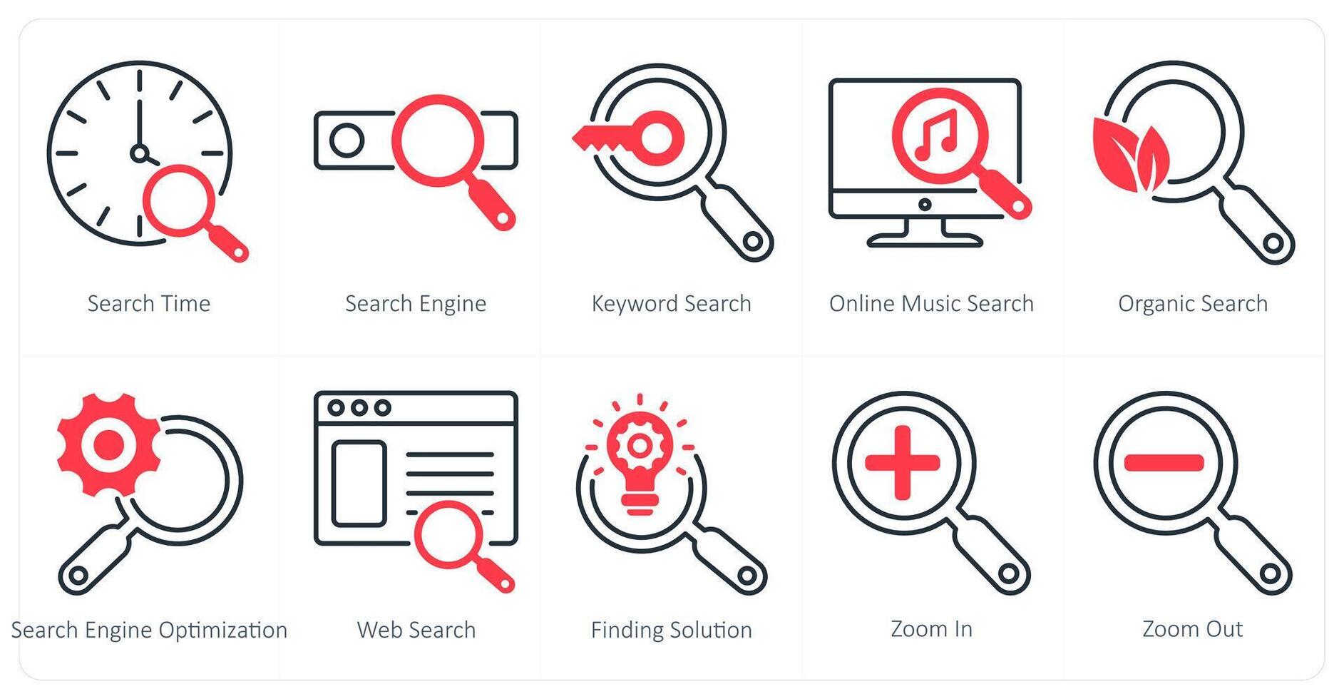 A set of 10 seo icons as search time, search engine, keyword search vector