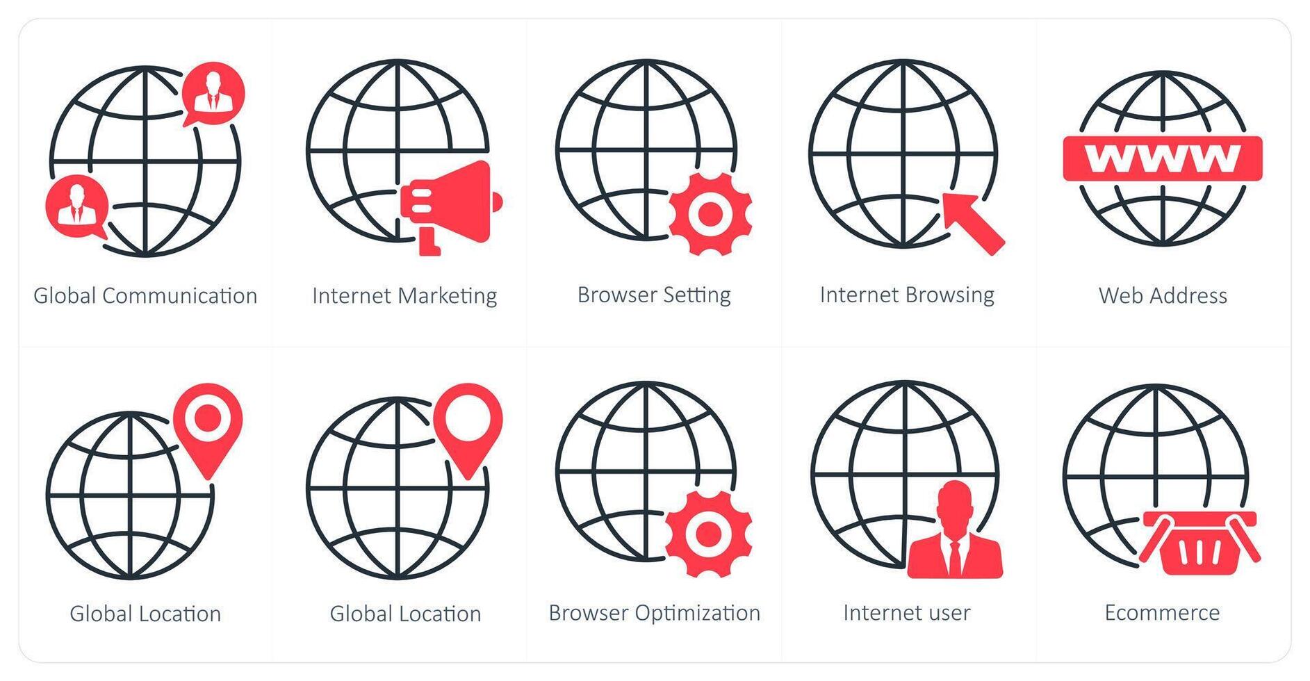 A set of 10 seo icons as global communication, internet marketing, browser setting vector