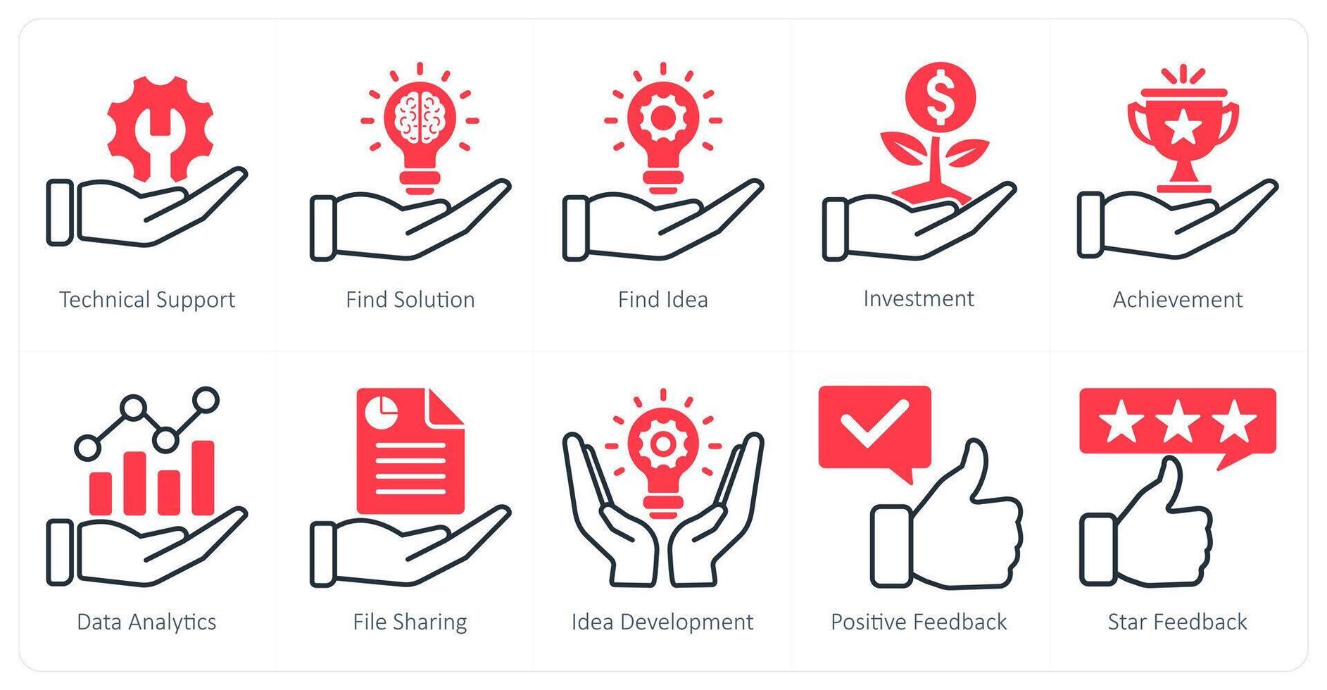 A set of 10 seo icons as technical support, find solution, find idea vector