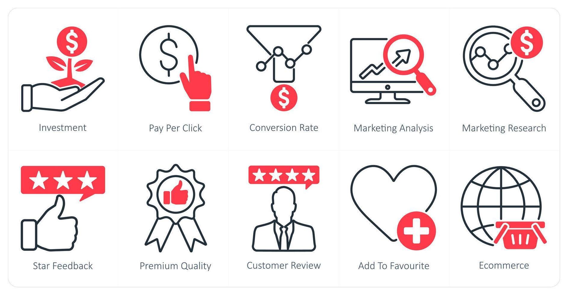 A set of 10 seo icons as investment, pay per click, conversion rate vector