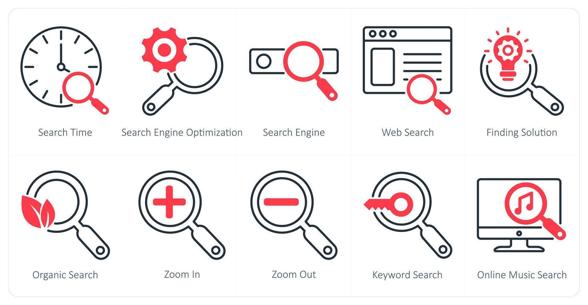A set of 10 seo icons as search time, search engine optimization, search engine vector
