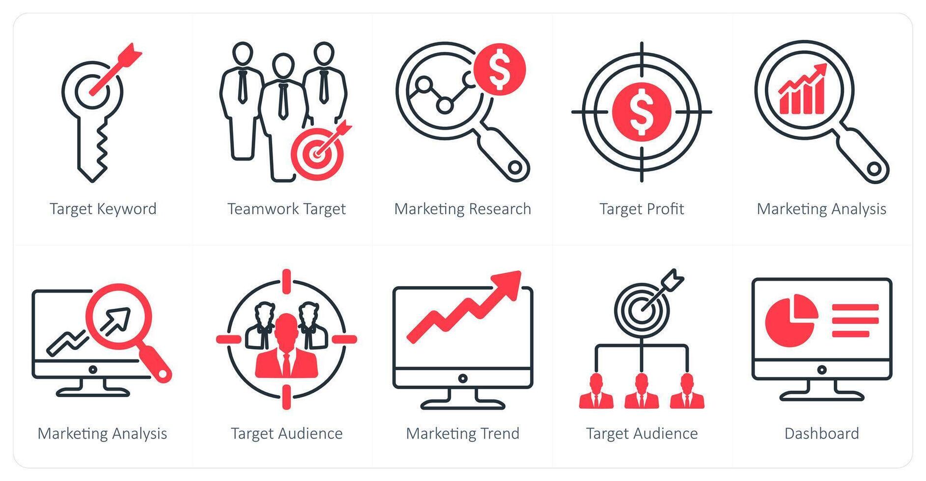 A set of 10 seo icons as target keyword, teamwork target, marketing research vector