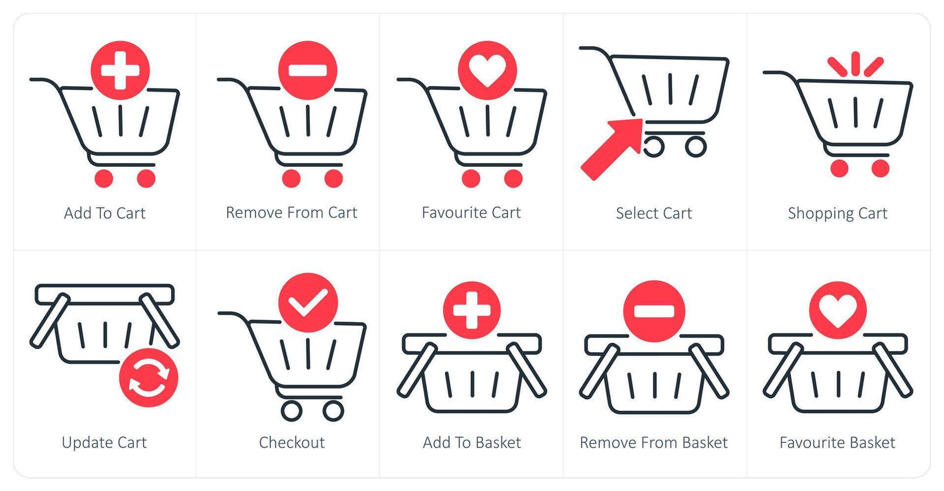 A set of 10 shopping icons as add to cart, remove from cart, favorite cart vector