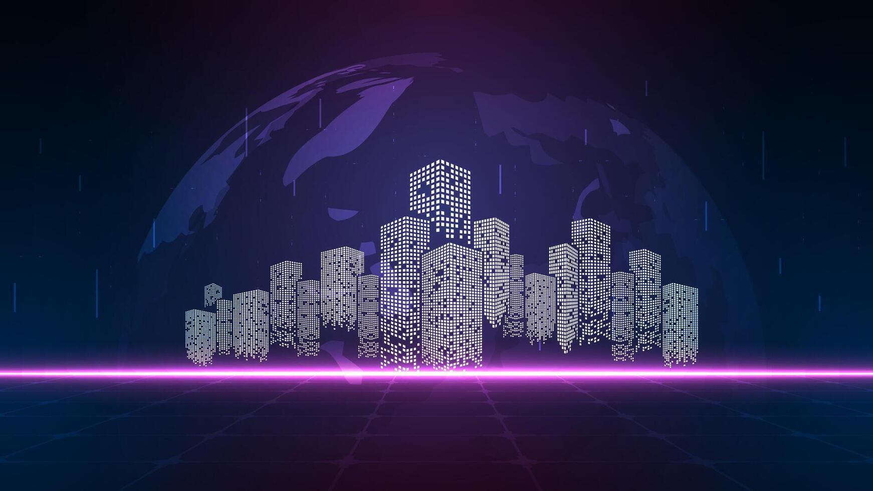 Night cityscape with globe. Network and communication cyber city technology concept. vector
