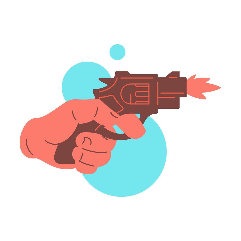 Human hand shooting revolver retro gun boom explosion icon flat illustration vector