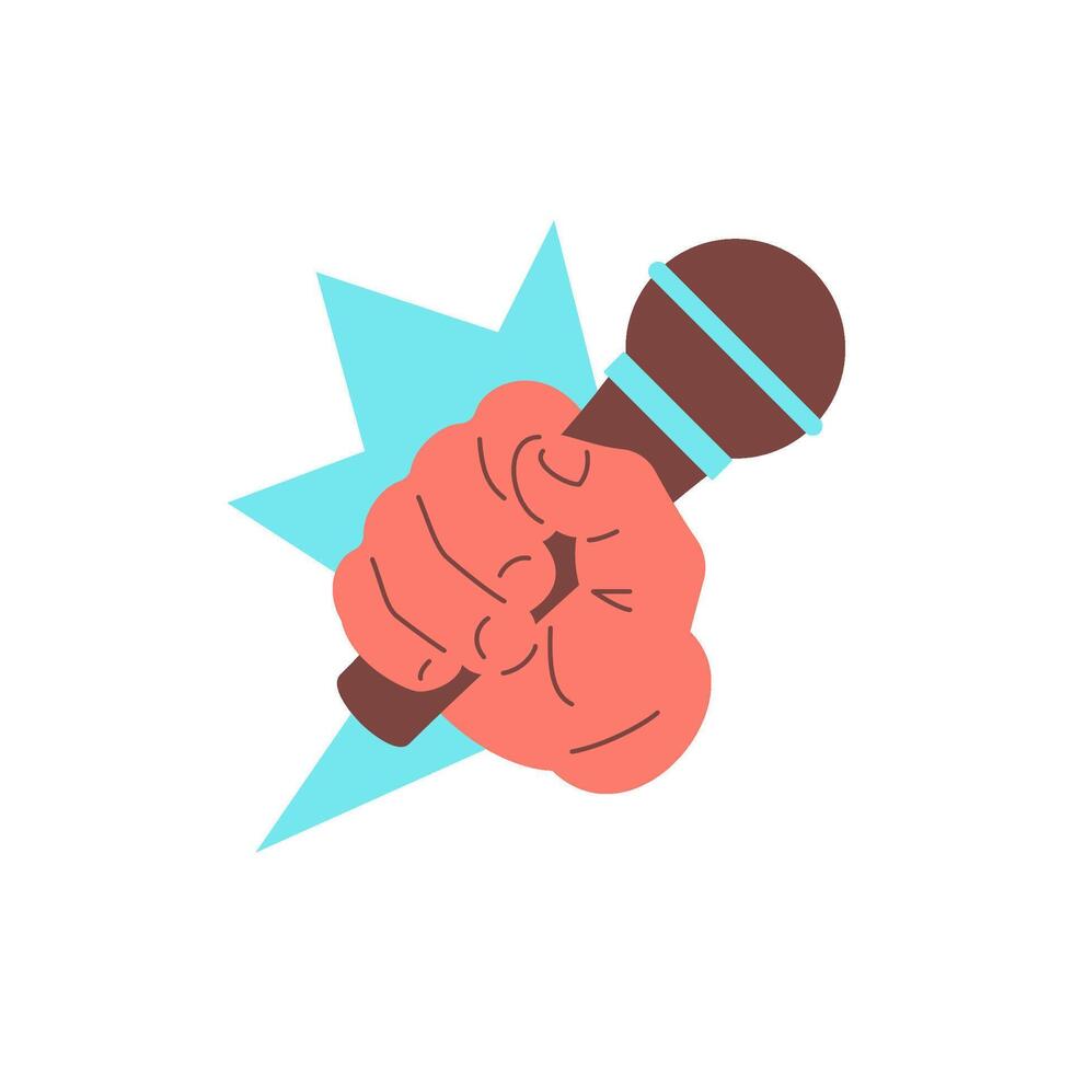 Human hand holding microphone in fist public speaking concept icon flat illustration vector