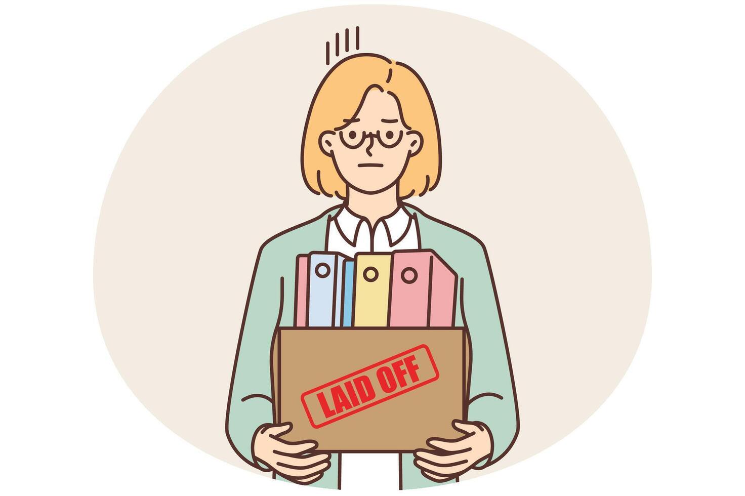 Unhappy woman with box fired from office vector