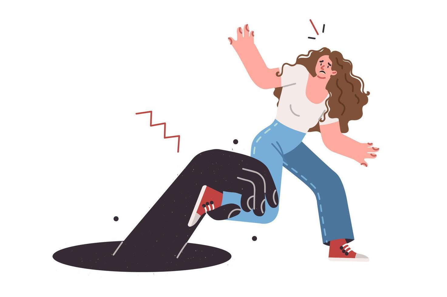 Woman trying to get out of comfort zone, breaking free from hand of monster dragging into abyss vector