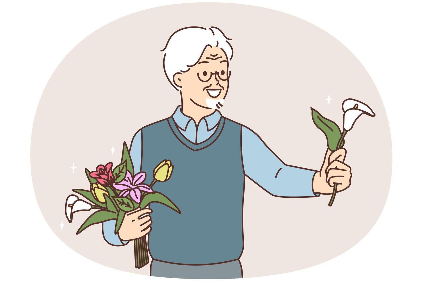Smiling elderly man greeting with flower vector