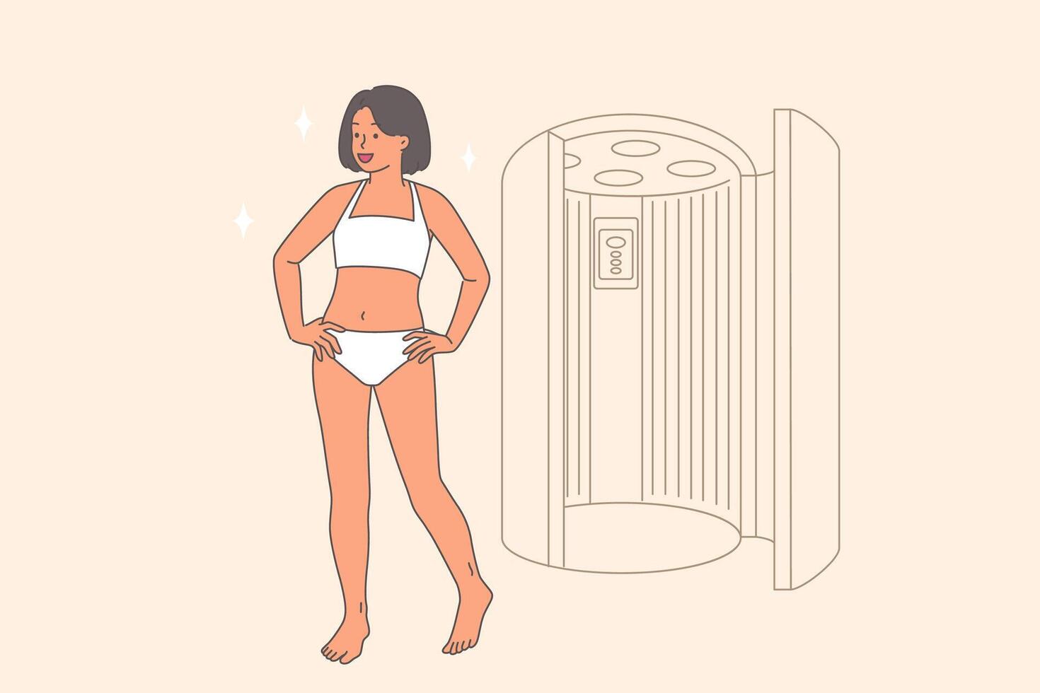Woman leaves solarium at SPA center, having enjoyed procedure with ultraviolet rays vector