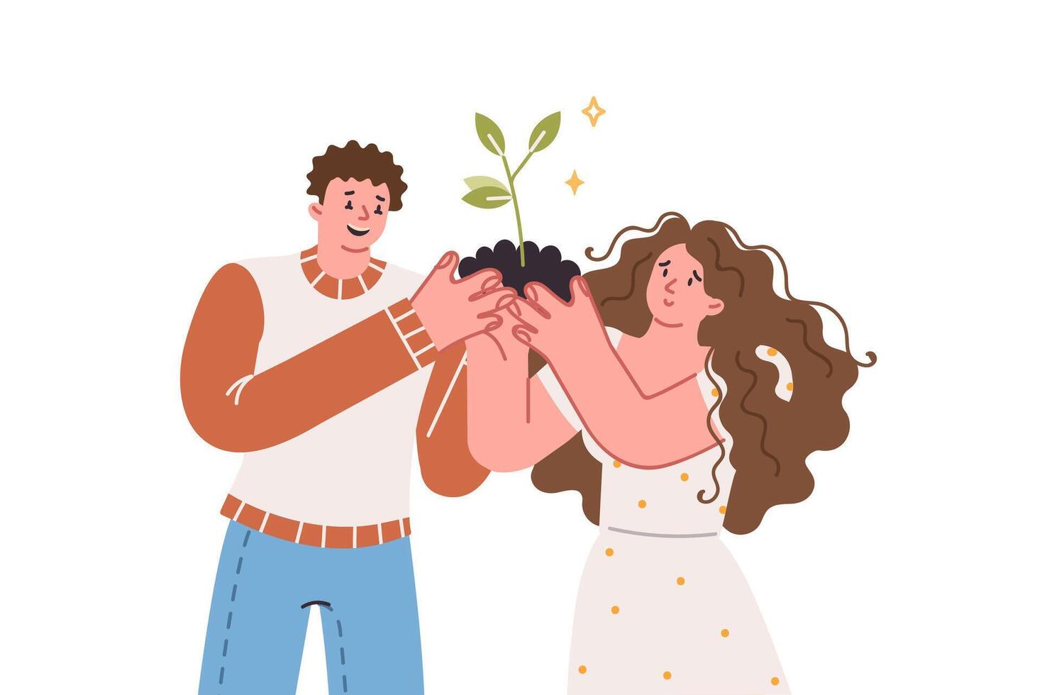 Couple grows tree, holding handful of soil with plant in hands, metaphor caring for relationship vector