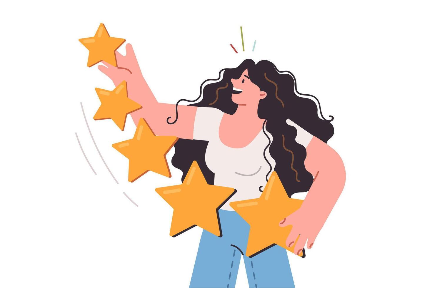 Woman with stars in hands evaluates services received, using rating system to collect feedback vector