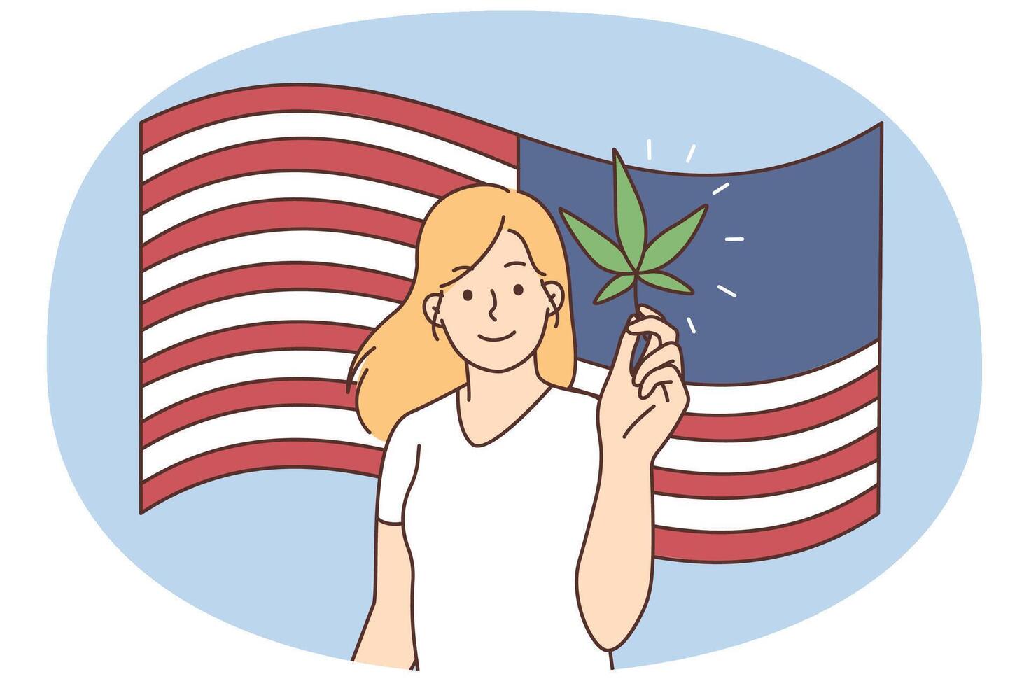 Smiling woman with cannabis on American flag background vector