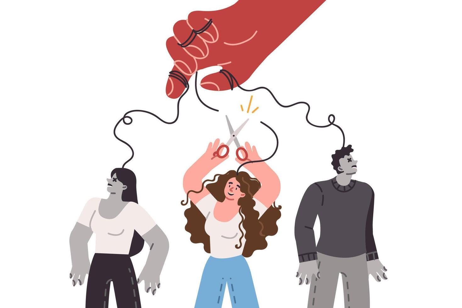 Toxic man manipulates people like puppeteer, and loses control over brave woman with scissors vector