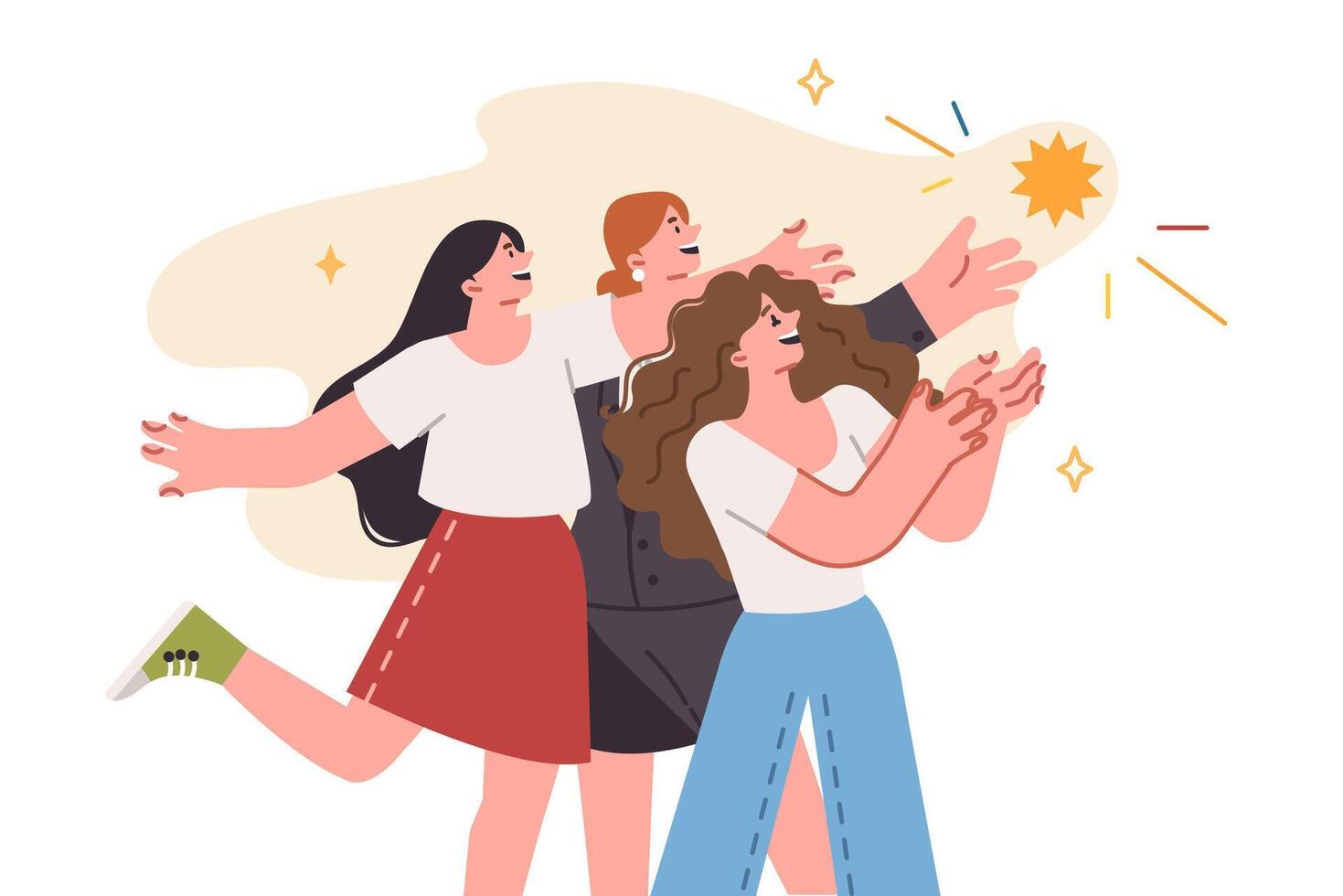 Group women reach out to star in sky together, wanting chance at success and good luck vector