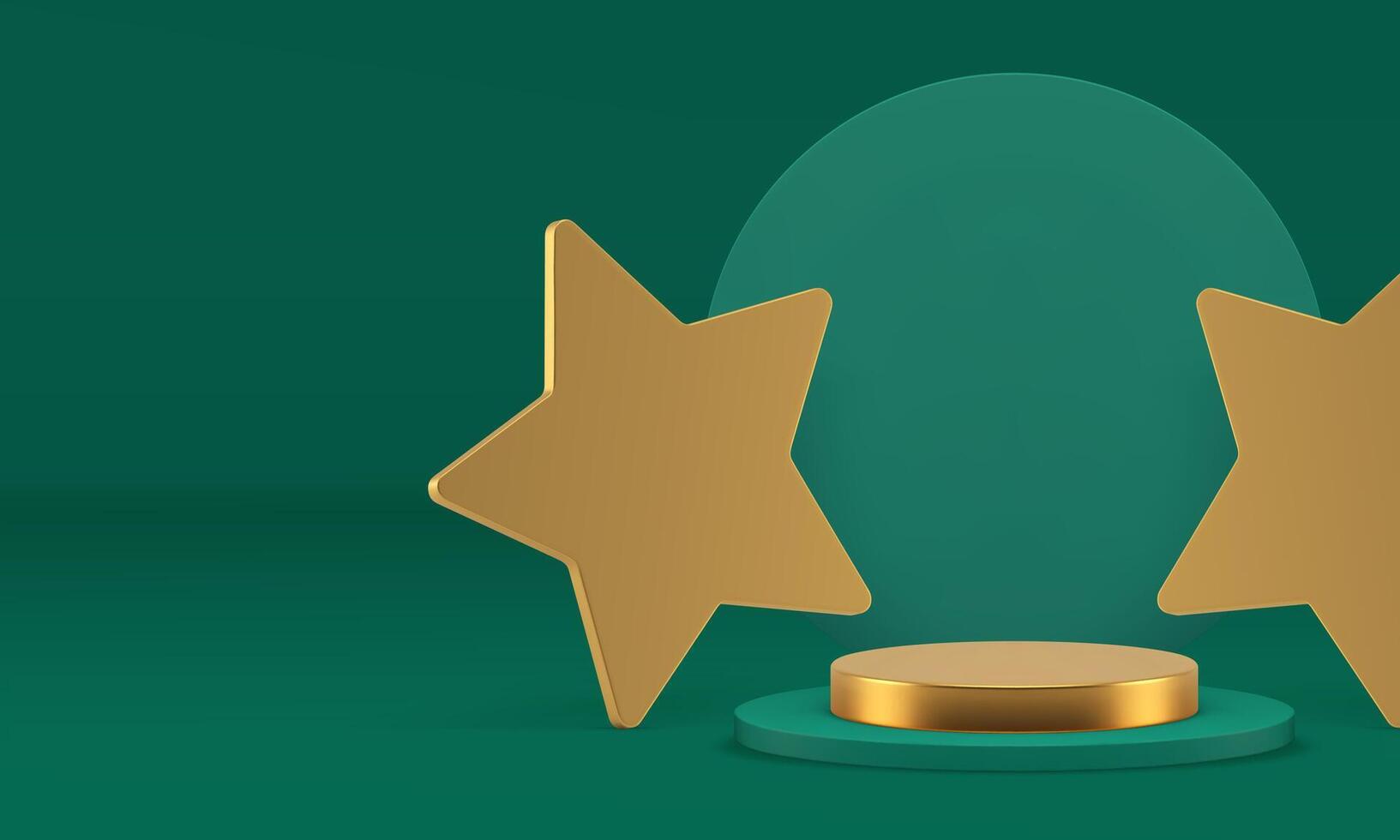 3d green cylinder podium with golden stars for presentation realistic illustration vector