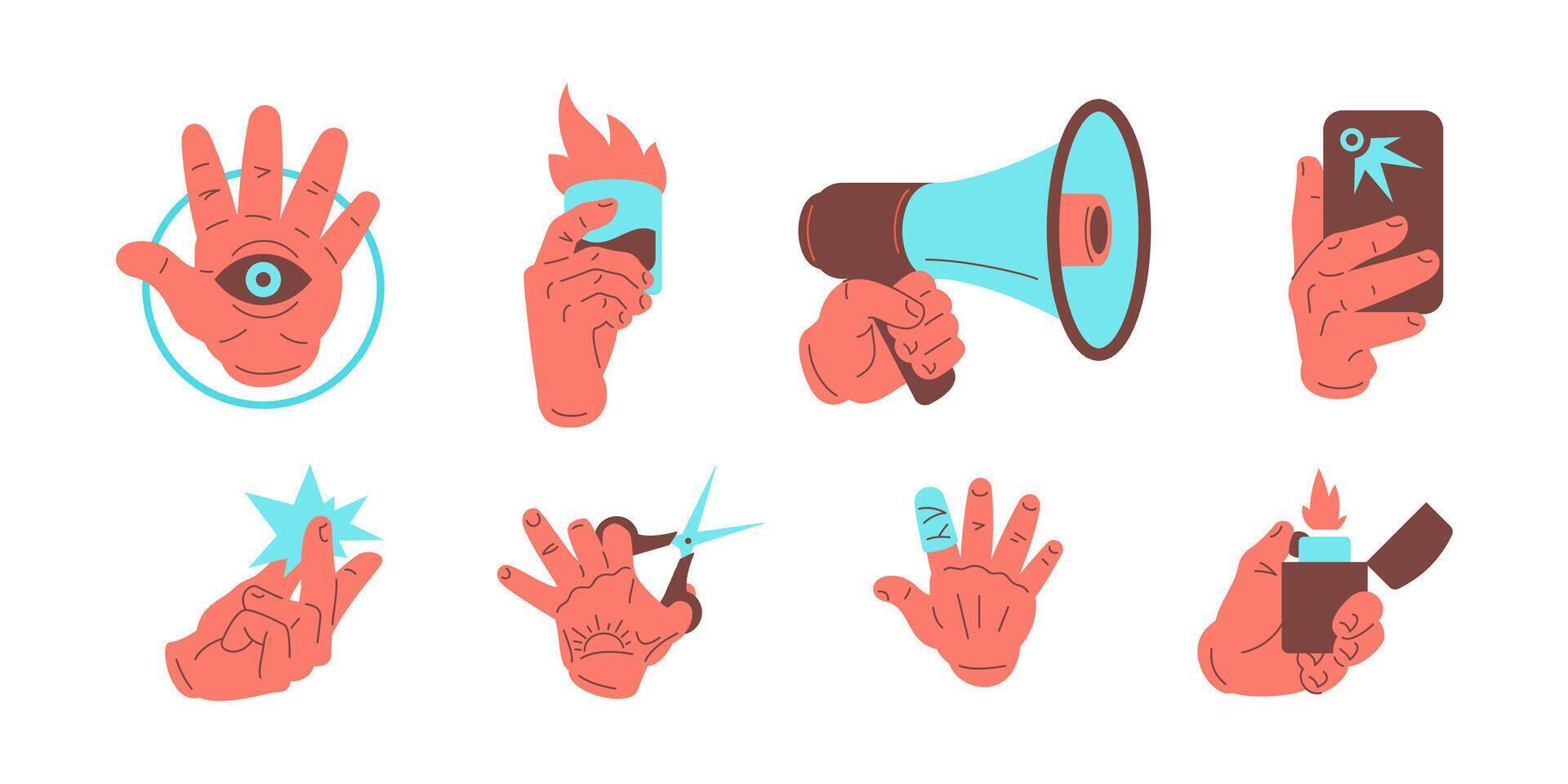 Male cartoon arm different gesture holding showing stuff set icon flat illustration vector