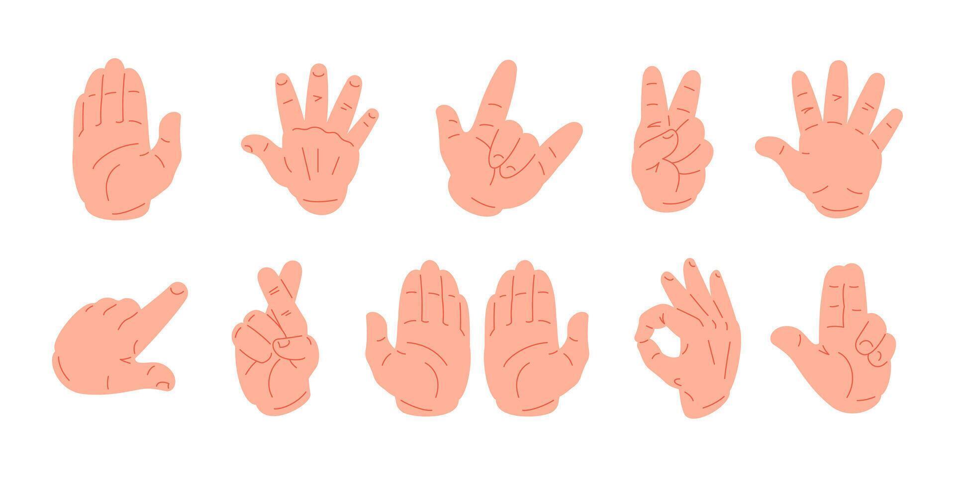 Human hands showing different pointing waving gesture big set icon flat illustration vector