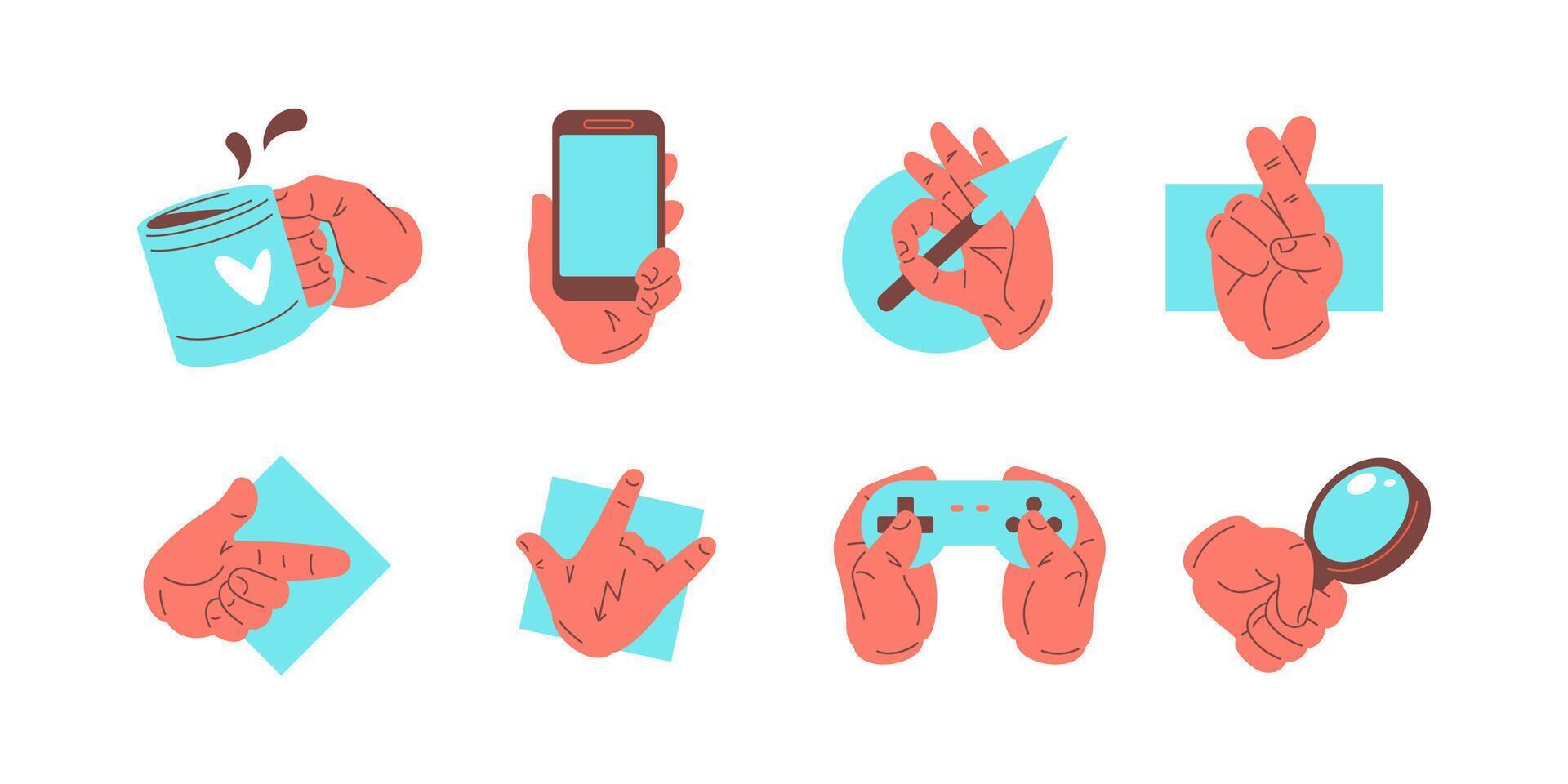 Big set of human hands holding stuff different gestures icon flat illustration vector