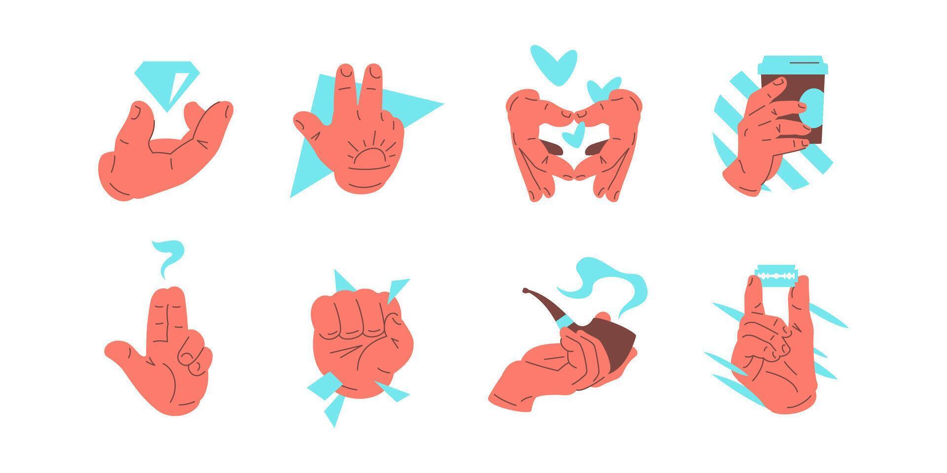 Human cartoon hands showing different stuff and gesturing big set icon flat illustration vector