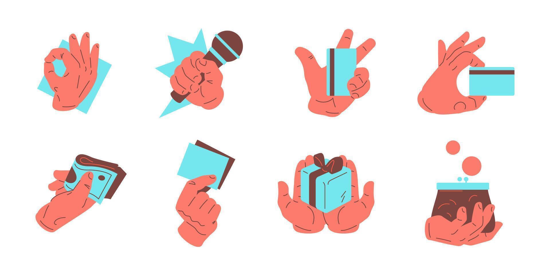 Human cartoon hands different gesture holding stuff big set icon flat illustration vector