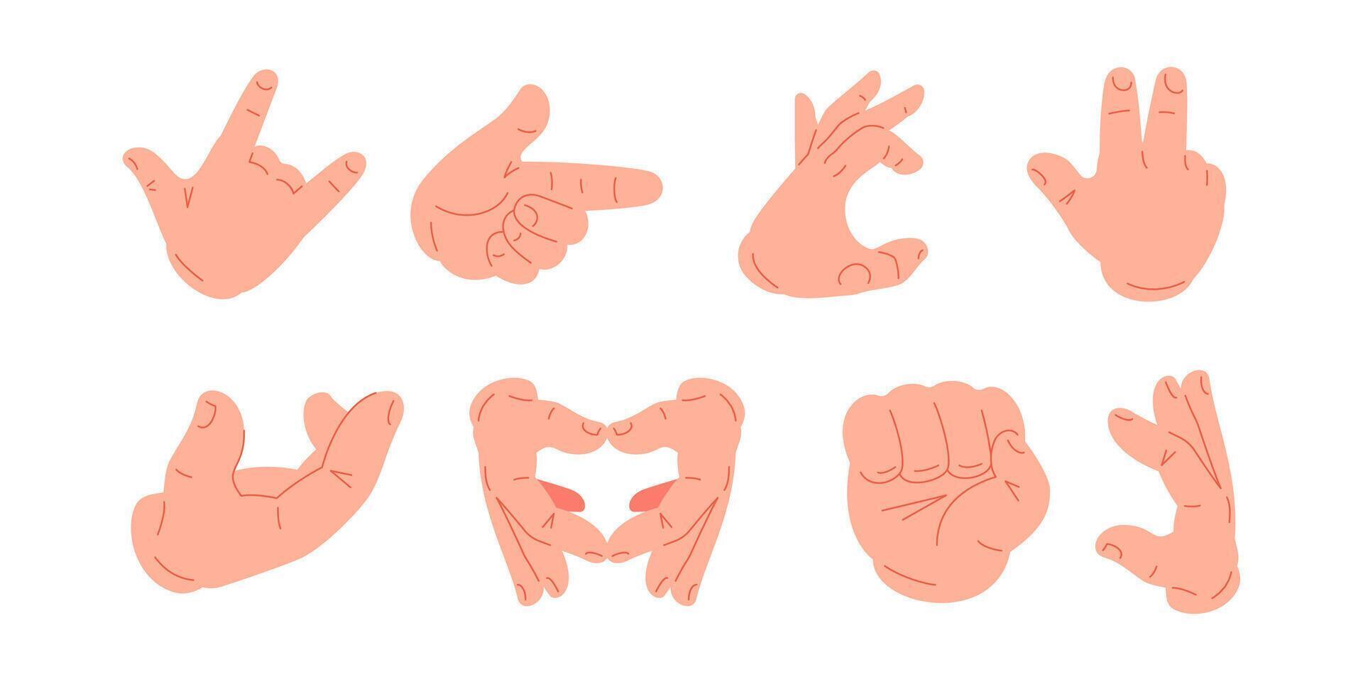 Male cartoon hands showing different gesture fingers position big set icon flat vector