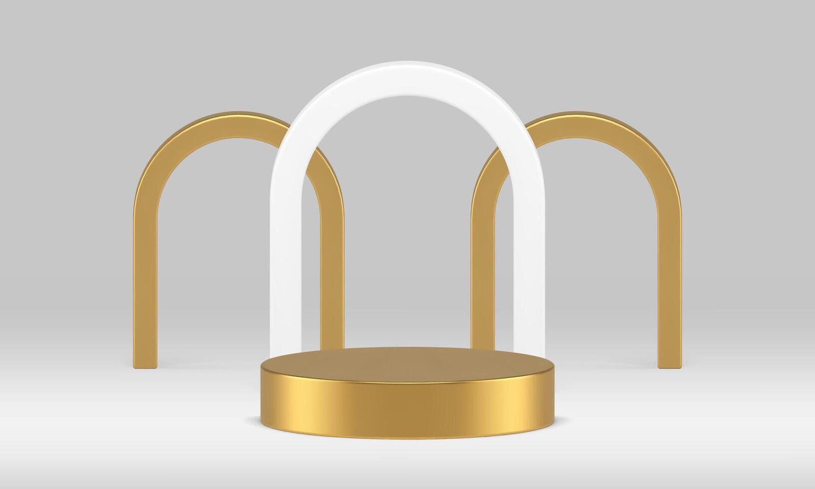 Golden 3d podium pedestal with arch wall background neutral showcase realistic vector
