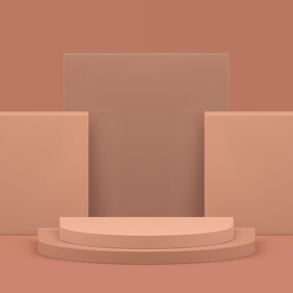 Brown 3d podium pedestal with geometric wall background realistic illustration vector