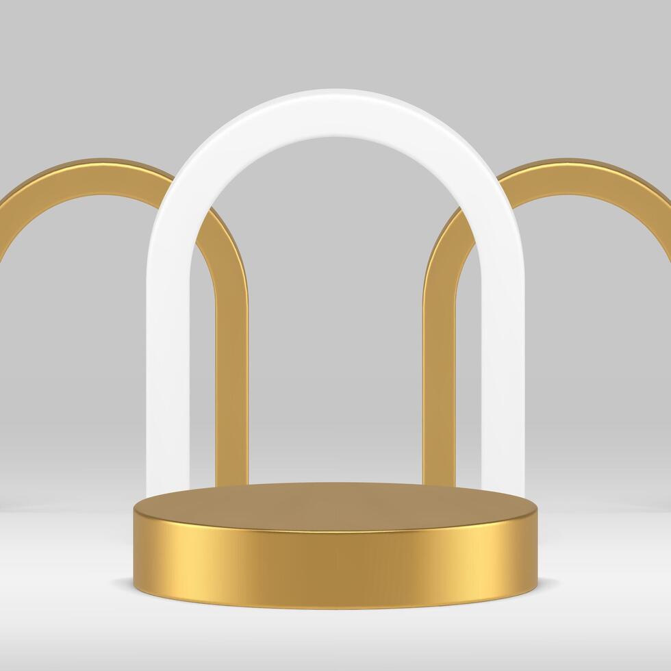 Luxury 3d golden cylinder podium pedestal with arch for presentation realistic vector