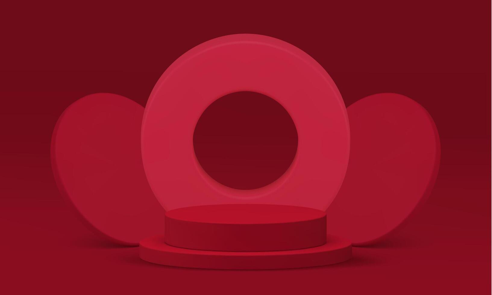 3d red cylinder podium pedestal with circle frame wall background realistic illustration vector