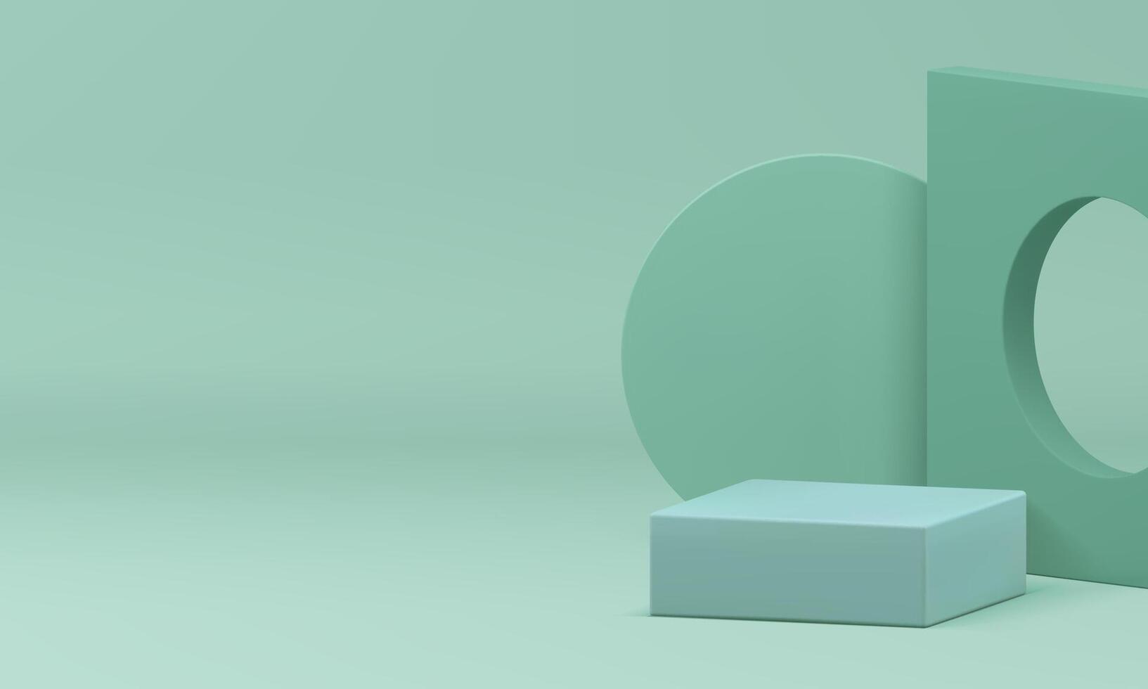 3d green podium with geometric shapes wall background for show realistic illustration vector