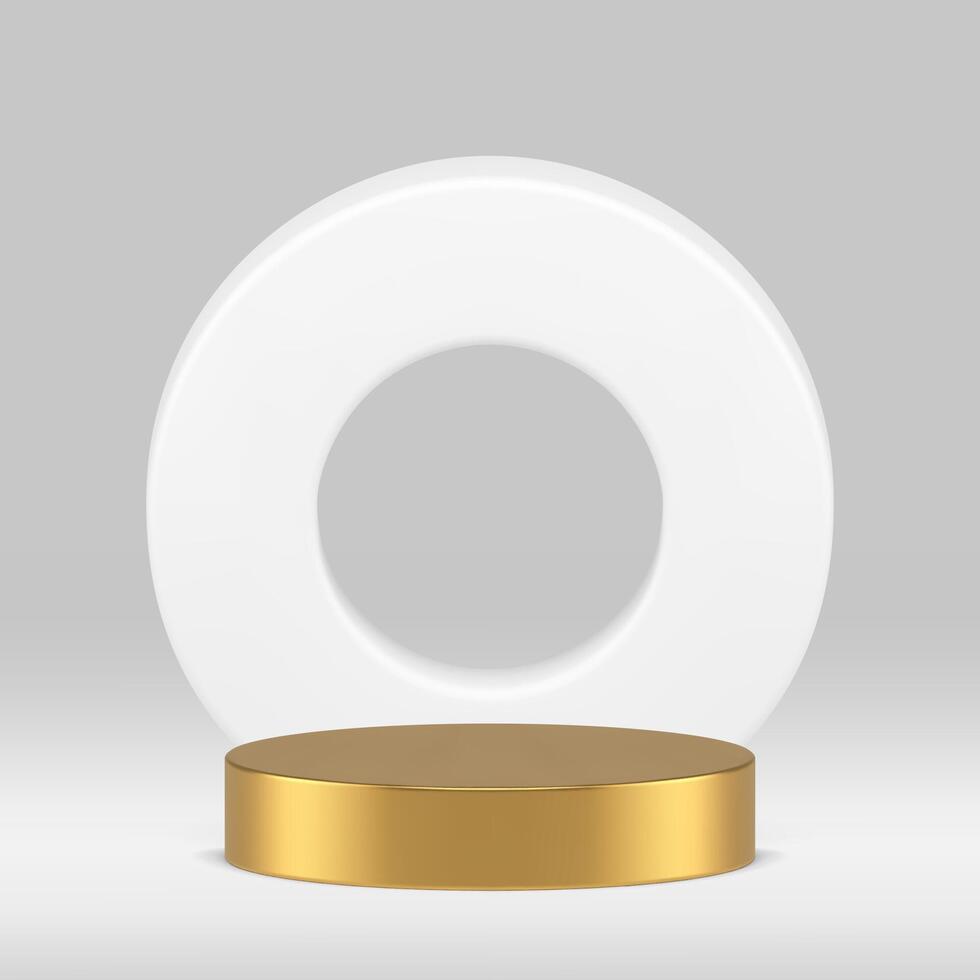 Golden 3d cylinder podium pedestal with white circle frame background realistic vector