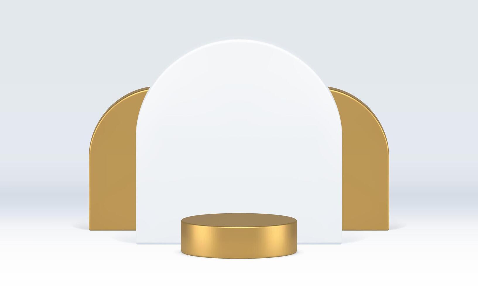 3d golden cylinder podium with white semi circle wall background realistic illustration vector