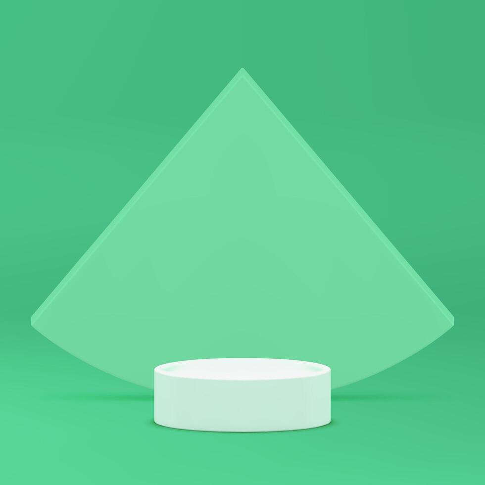 3d white cylinder podium pedestal with light green triangle wall background realistic vector