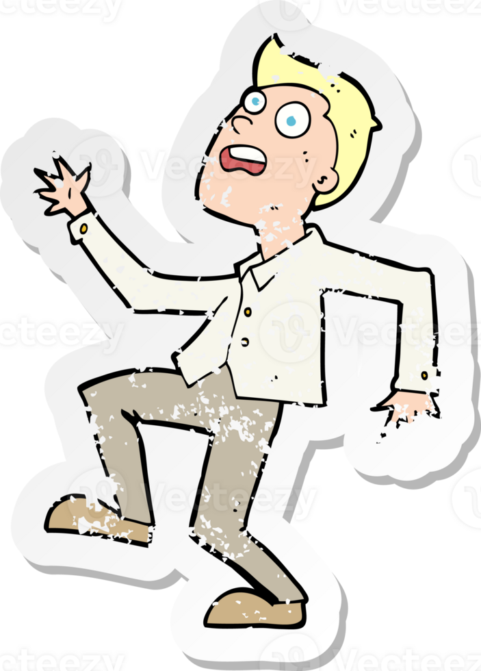 retro distressed sticker of a cartoon man panicking drawing png