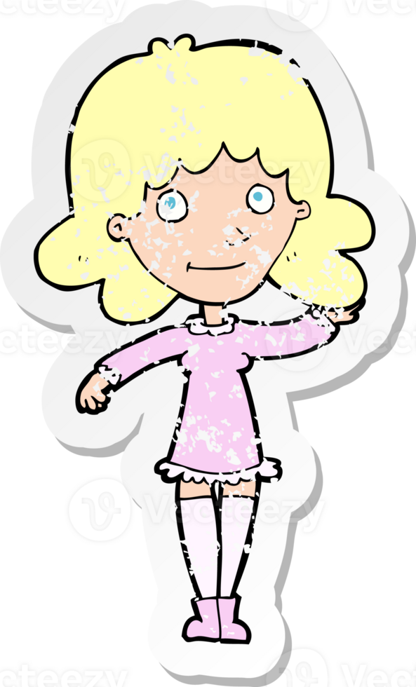 retro distressed sticker of a cartoon friendly woman waving drawing png