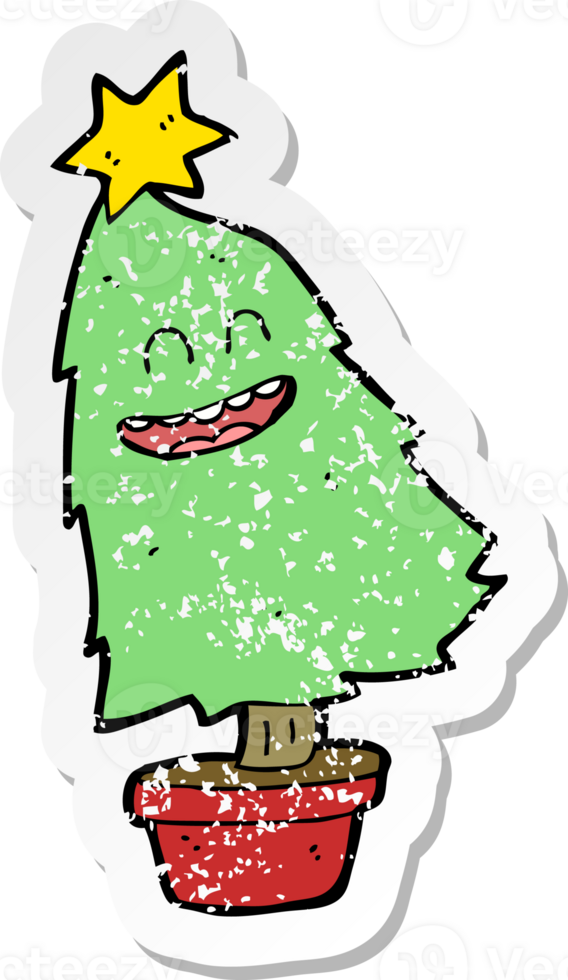 retro distressed sticker of a cartoon dancing christmas tree drawing png